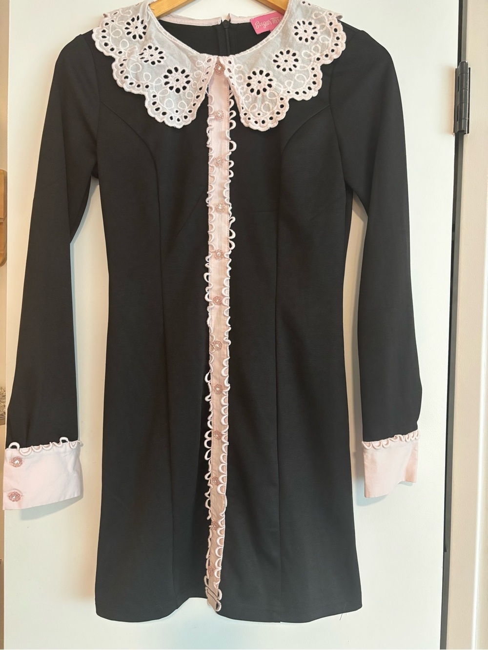 SUGAR THRILLZ Black Dress with Pink Lace Trim and Eyelet Collar